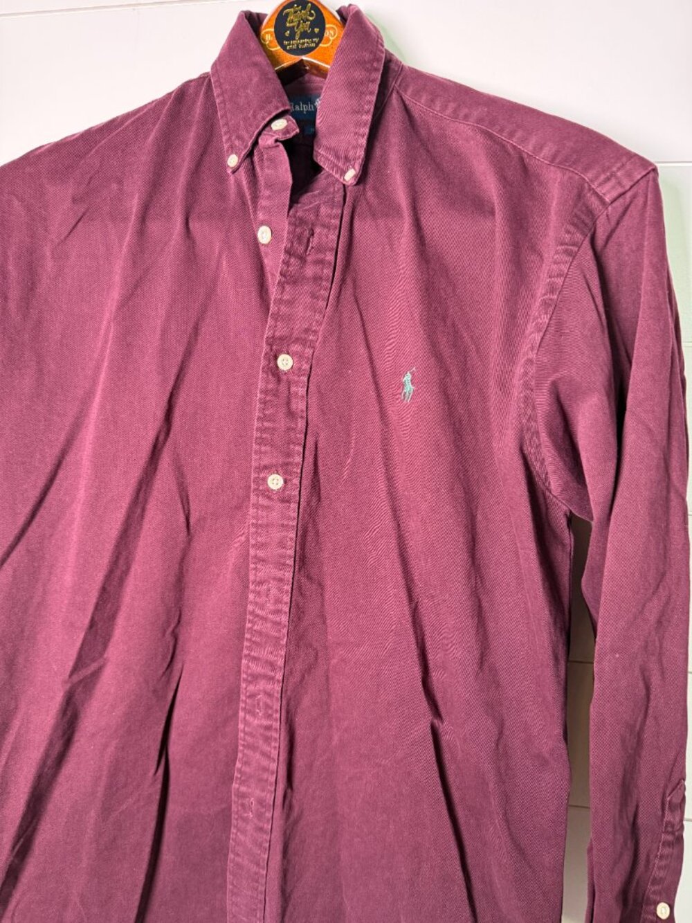 Ralph Lauren Burgandy Long Sleeve Button Down Green Pony 100% Cotton Sz Small
